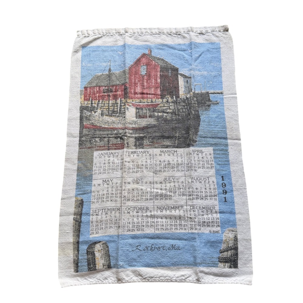 Vintage 1991 Rockport MA Motif No 1 Linen Calendar Tea Towel Red Fishing Shack
